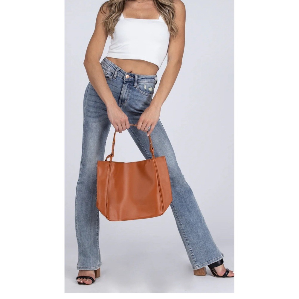 Simple Trendy Shoulder Bag / Purse, 11.5 X 5, Vegan Leather, Snap Closure Camel - Picture 2 of 4